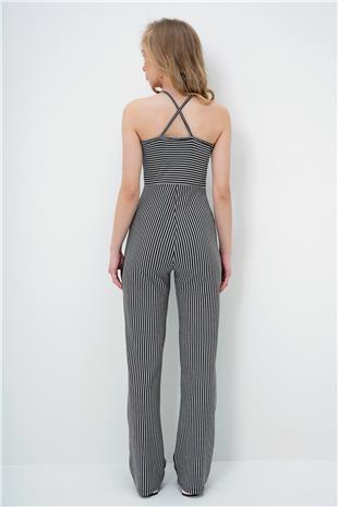 Kadın Siyah-Çizgili Sırtı Çapraz Askılı Pile Ve Pens Detaylı Yazlık Tulum ALC-X13892