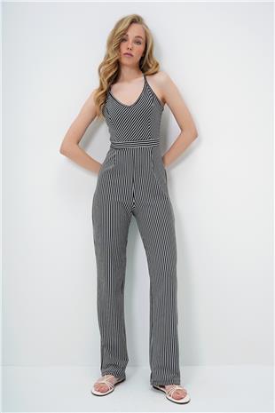 Kadın Siyah-Çizgili Sırtı Çapraz Askılı Pile Ve Pens Detaylı Yazlık Tulum ALC-X13892