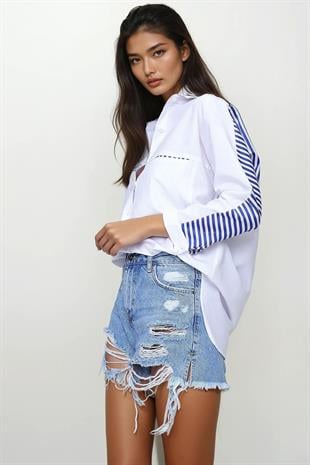 Kadın Beyaz Sırt Ve Cep Garnili Dokuma Poplin Gömlek ALC-X6114