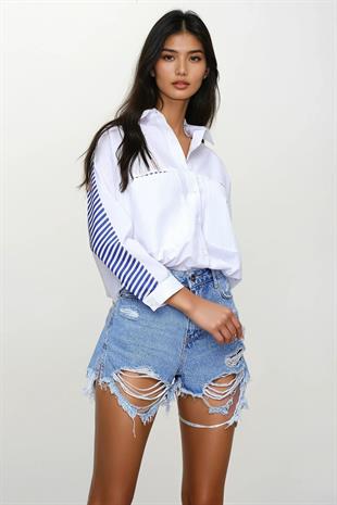 Kadın Beyaz Sırt Ve Cep Garnili Dokuma Poplin Gömlek ALC-X6114