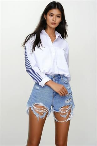 Kadın Beyaz Sırt Ve Cep Garnili Dokuma Poplin Gömlek ALC-X6114