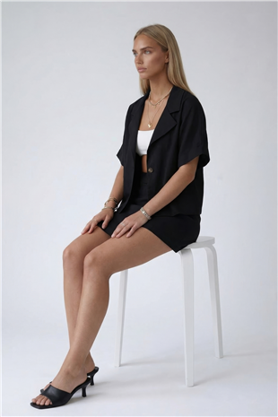 Siyah Ceket Yaka Oversize Keten Gömlek Ve Bağlamalı Şort Etek Takım