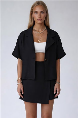 Siyah Ceket Yaka Oversize Keten Gömlek Ve Bağlamalı Şort Etek Takım