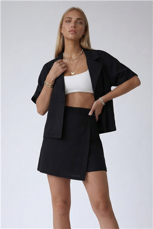 Siyah Ceket Yaka Oversize Keten Gömlek Ve Bağlamalı Şort Etek Takım