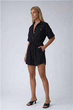 Siyah Gömlek Yaka Çift Cepli Keten Şort Tulum