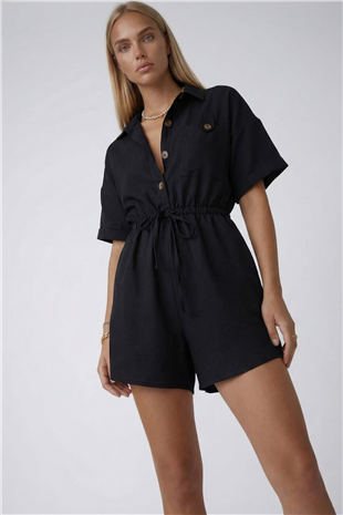 Siyah Gömlek Yaka Çift Cepli Keten Şort Tulum