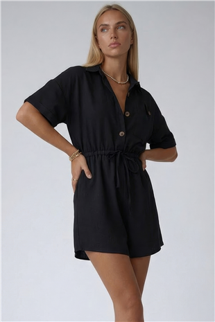 Siyah Gömlek Yaka Çift Cepli Keten Şort Tulum