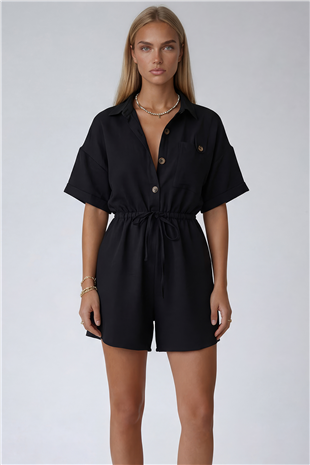 Siyah Gömlek Yaka Çift Cepli Keten Şort Tulum