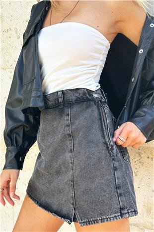 Kadın Antrasit Soluk Efektli Mini Yırtmaç Ve Kemer Detaylı Fermuarlı Denim Şort Etek ALC-X12640