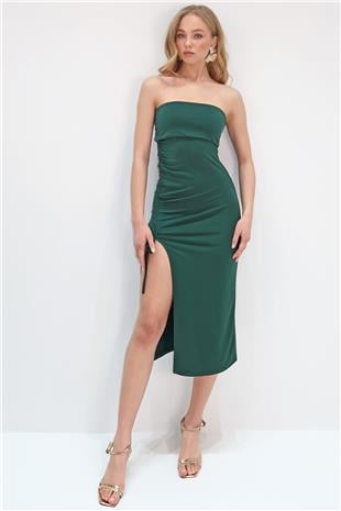 Kadın Zümrüt Yeşili Straplez Ayarlanabilir Büzgü Detaylı Elbise ALC-X13754