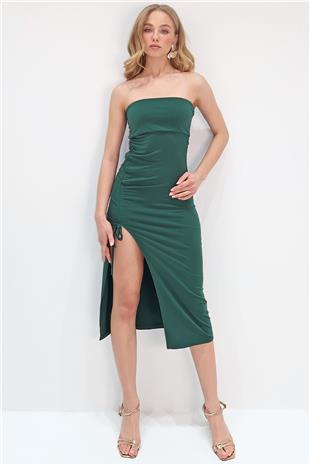Kadın Zümrüt Yeşili Straplez Ayarlanabilir Büzgü Detaylı Elbise ALC-X13754