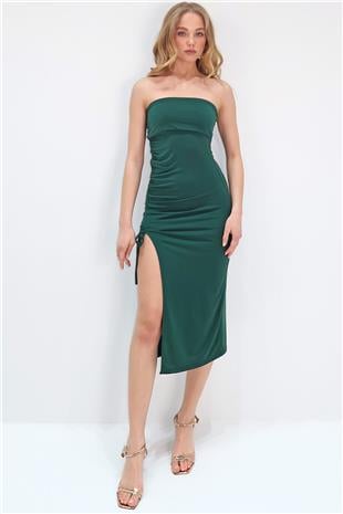Kadın Zümrüt Yeşili Straplez Ayarlanabilir Büzgü Detaylı Elbise ALC-X13754