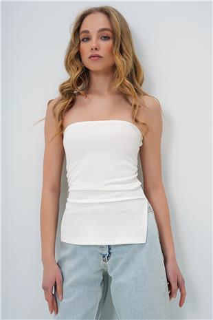 Kadın Beyaz Straplez Yanı Yırtmaçlı Çelik Örme Bluz Alc-X13752