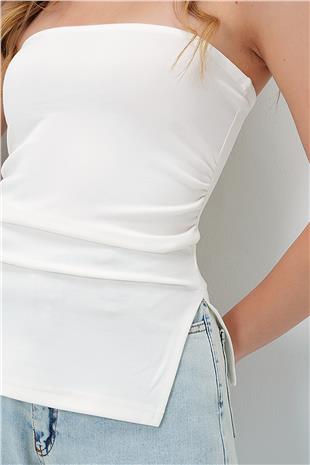 Kadın Beyaz Straplez Yanı Yırtmaçlı Çelik Örme Bluz Alc-X13752