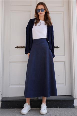 Kadın Lacivert Süet Dokulu Geniş Kesim Midi Etek VS01214