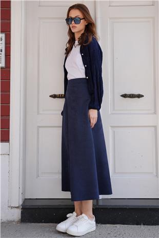 Kadın Lacivert Süet Dokulu Geniş Kesim Midi Etek VS01214