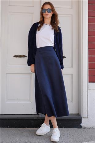 Kadın Lacivert Süet Dokulu Geniş Kesim Midi Etek VS01214