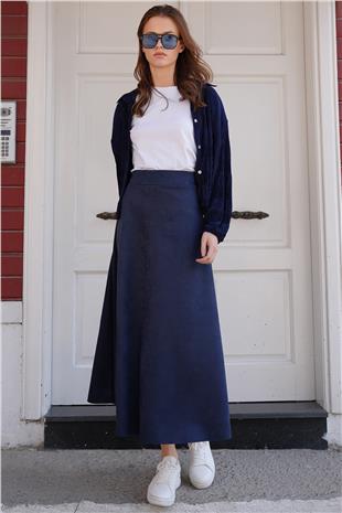 Kadın Lacivert Süet Dokulu Geniş Kesim Midi Etek VS01214