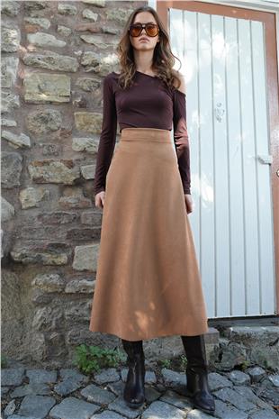 Kadın Taba Süet Dokulu Geniş Kesim Midi Etek VS01214