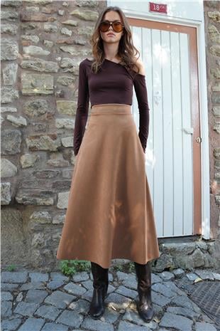Kadın Taba Süet Dokulu Geniş Kesim Midi Etek VS01214