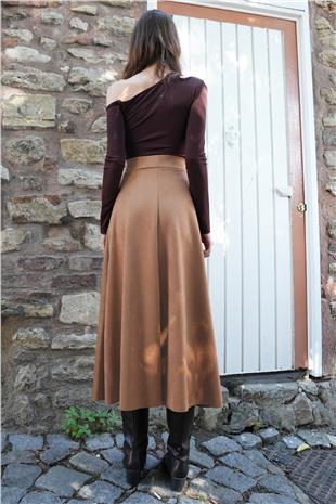 Kadın Taba Süet Dokulu Geniş Kesim Midi Etek VS01214