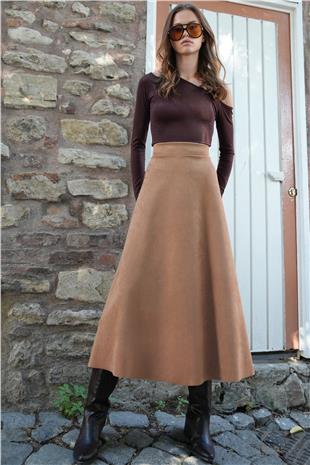 Kadın Taba Süet Dokulu Geniş Kesim Midi Etek VS01214