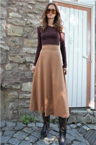 Kadın Taba Süet Dokulu Geniş Kesim Midi Etek VS01214