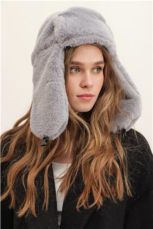 Kadın Gri Suni Kürk Kulaklıklı Bere ALC-A2469