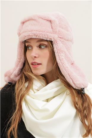 Kadın Pudra Suni Kürk Kulaklıklı Bere ALC-A2469