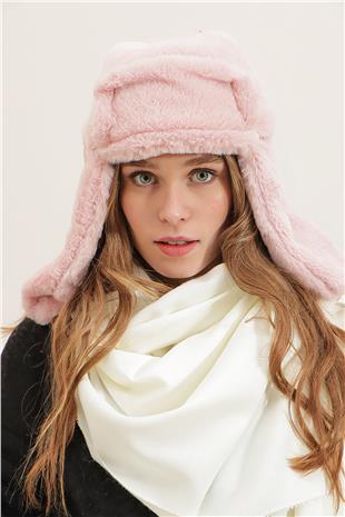 Kadın Pudra Suni Kürk Kulaklıklı Bere ALC-A2469