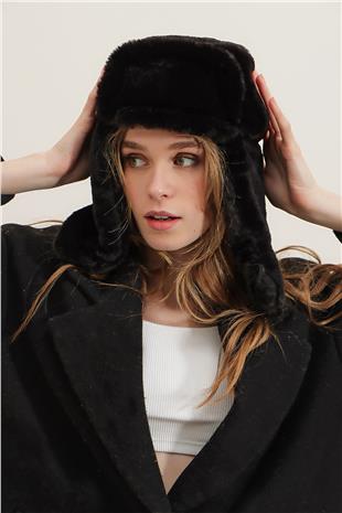 Kadın Siyah Suni Kürk Kulaklıklı Bere ALC-A2469