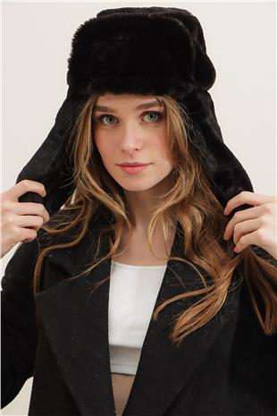 Kadın Siyah Suni Kürk Kulaklıklı Bere ALC-A2469