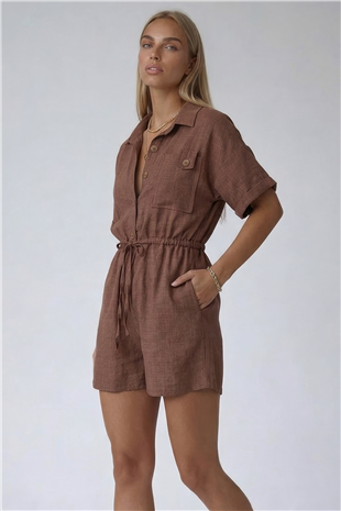 Sütlü Kahve Gömlek Yaka Çift Cepli Keten Şort Tulum