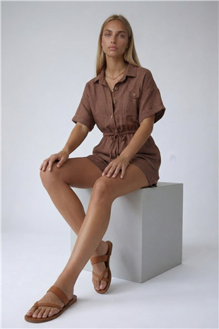 Sütlü Kahve Gömlek Yaka Çift Cepli Keten Şort Tulum