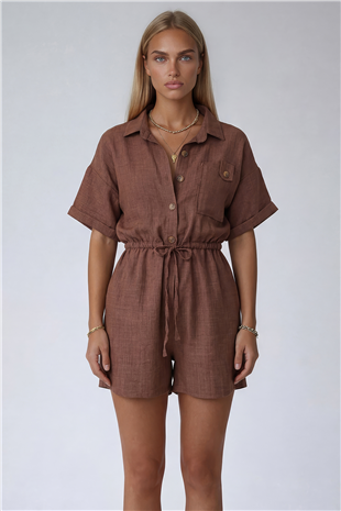 Sütlü Kahve Gömlek Yaka Çift Cepli Keten Şort Tulum