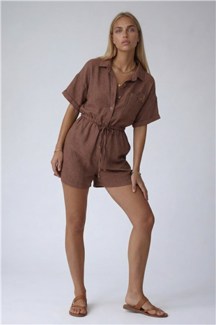 Sütlü Kahve Gömlek Yaka Çift Cepli Keten Şort Tulum