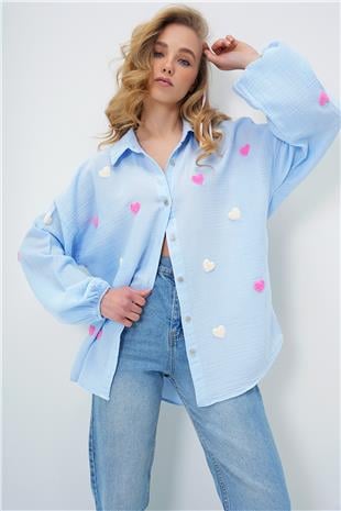 Kadın Bebe Mavi Süzene Kalp İşlemeli Oversize Müslin Keten Gömlek ALC-X13791