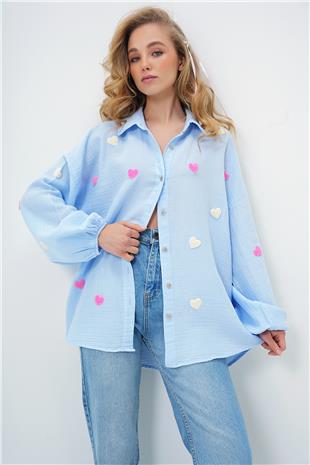 Kadın Bebe Mavi Süzene Kalp İşlemeli Oversize Müslin Keten Gömlek ALC-X13791