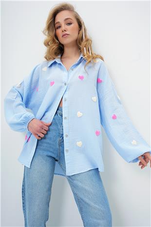 Kadın Bebe Mavi Süzene Kalp İşlemeli Oversize Müslin Keten Gömlek ALC-X13791