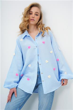 Kadın Bebe Mavi Süzene Kalp İşlemeli Oversize Müslin Keten Gömlek ALC-X13791