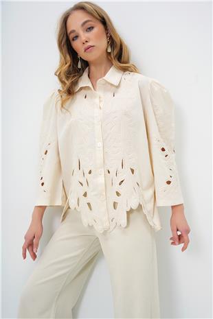 Kadın Vanilya Süzene Nakışlı Tasarım Dokuma Gömlek ALC-X13722