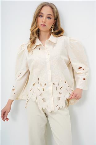 Kadın Vanilya Süzene Nakışlı Tasarım Dokuma Gömlek ALC-X13722