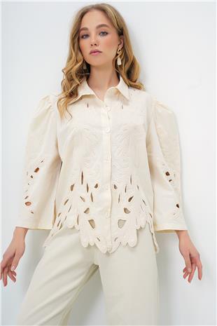 Kadın Vanilya Süzene Nakışlı Tasarım Dokuma Gömlek ALC-X13722