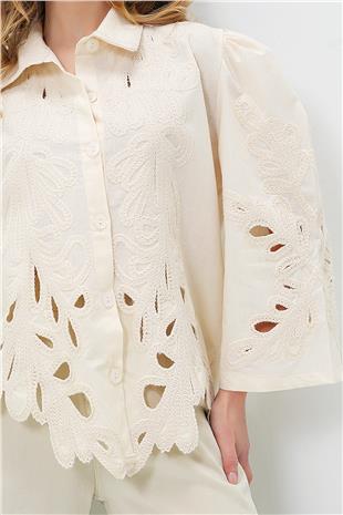 Kadın Vanilya Süzene Nakışlı Tasarım Dokuma Gömlek ALC-X13722