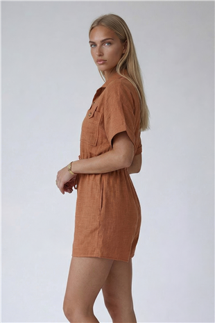 Tarçın Gömlek Yaka Çift Cepli Keten Şort Tulum