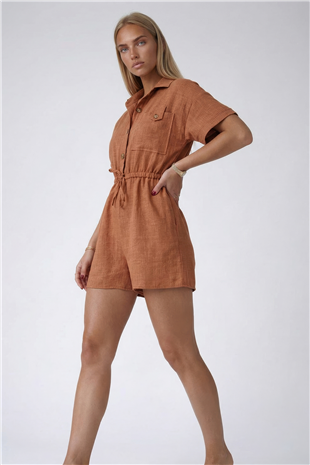 Tarçın Gömlek Yaka Çift Cepli Keten Şort Tulum