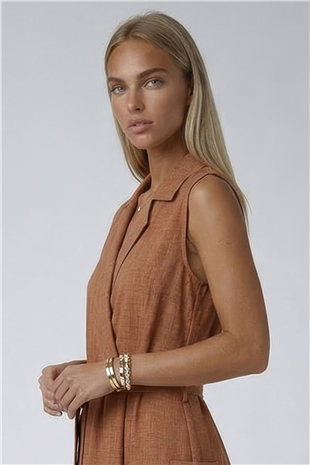 Tarçın Kruvaze Yaka Pile Detaylı Cepli Keten Elbise