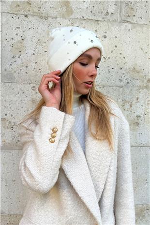 Kadın Ekru Taş İşlemeli Bere ALC-X11286