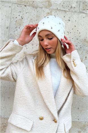 Kadın Ekru Taş İşlemeli Bere ALC-X11286