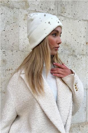 Kadın Ekru Taş İşlemeli Bere ALC-X11286